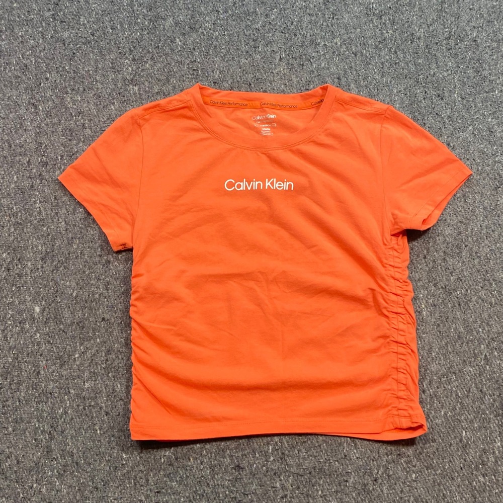 Calvin Klein Performance TShirt Sz M Womens Orange Athleisure Ruched Side Logo